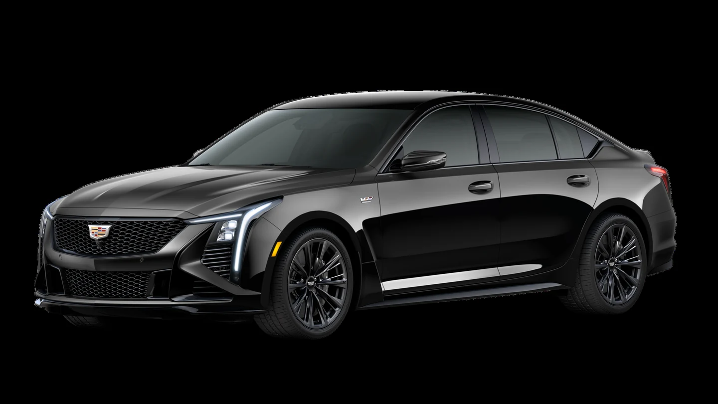 2026 Cadillac CT5-V Blackwing in Black Raven with dark Satin Graphite wheels, shown in full front-three-quarter view